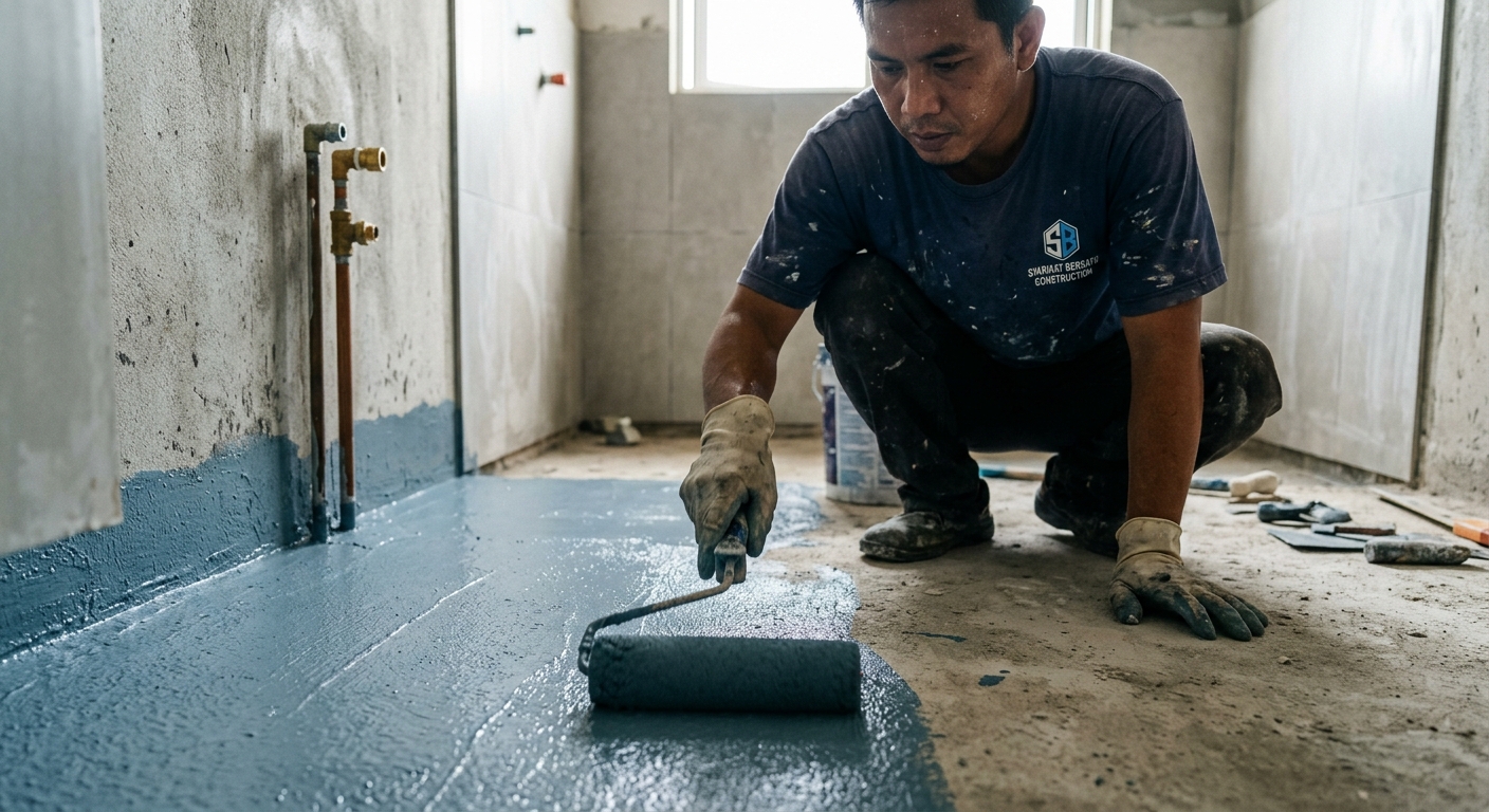 Lantai bilik air disaluti membran waterproofing sebelum pemasangan jubin