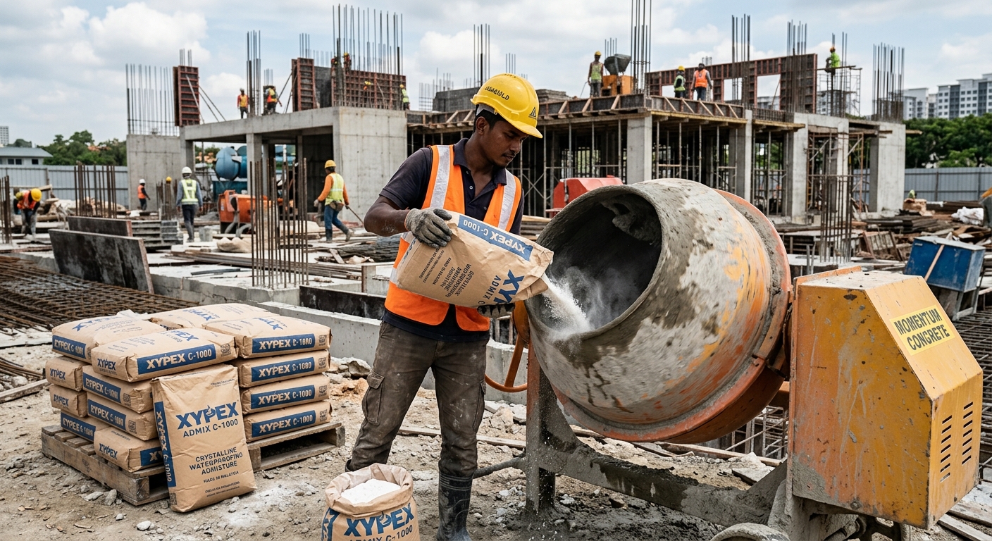 Papak konkrit ruang bawah tanah dimeterai dengan waterproofing struktur